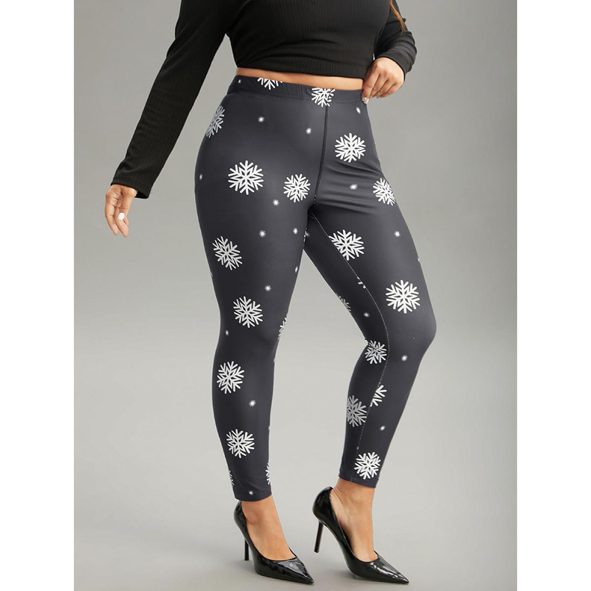 Plus Size Christmas Snowflake Elastic Waist Skinny Leggings Women Black Glamour High stretch Skinny High Rise Festival-Christmas Leggings BloomChic 30/6X Product Image
