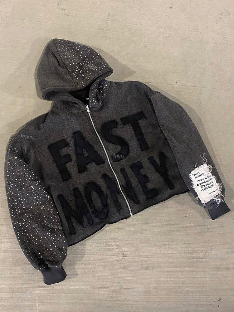 Fast Money Patch Embroidery Gemstone Crafts Zip-up Washed Hoodie Product Image