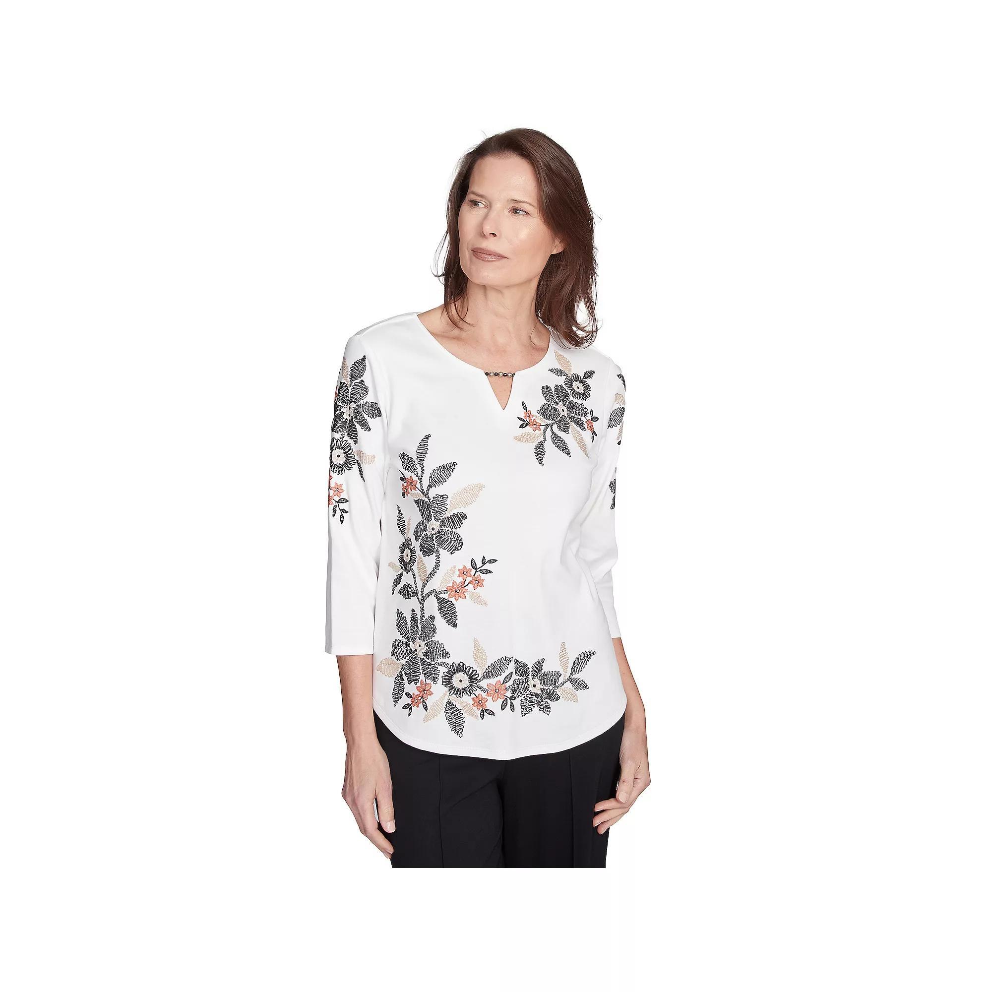 Alfred Dunner Women's Earthy Floral Embroidered Textured Top, Size: XL, Natural Product Image