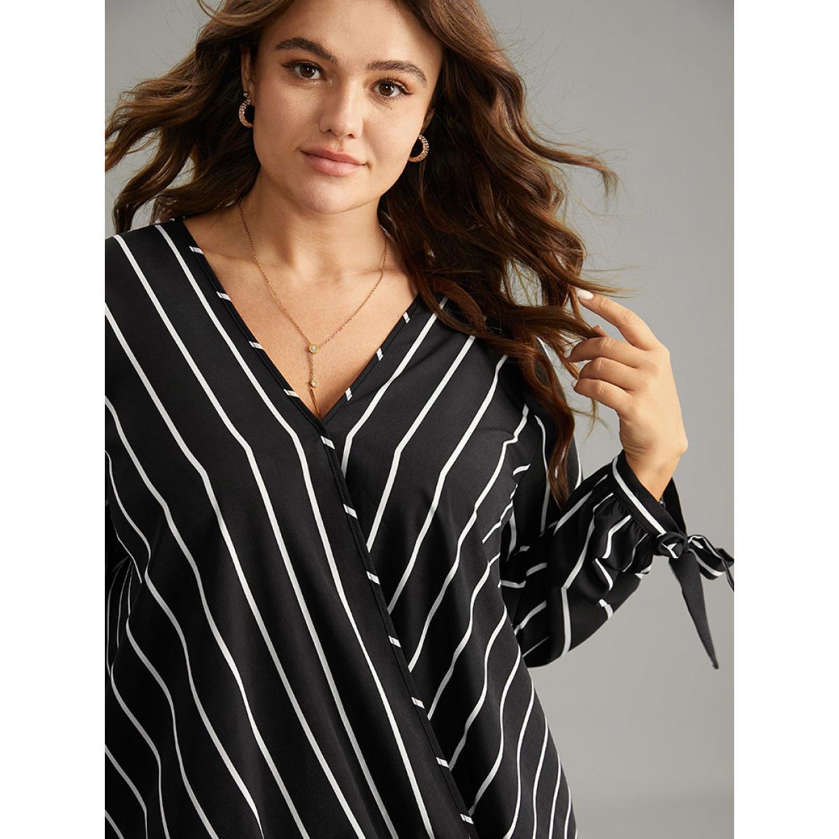 Plus Size Black Striped Bowknot Cuffs Surplice Neck Blouse Women Office Long Sleeve Overlap Collar Work Blouses BloomChic 12/L Product Image