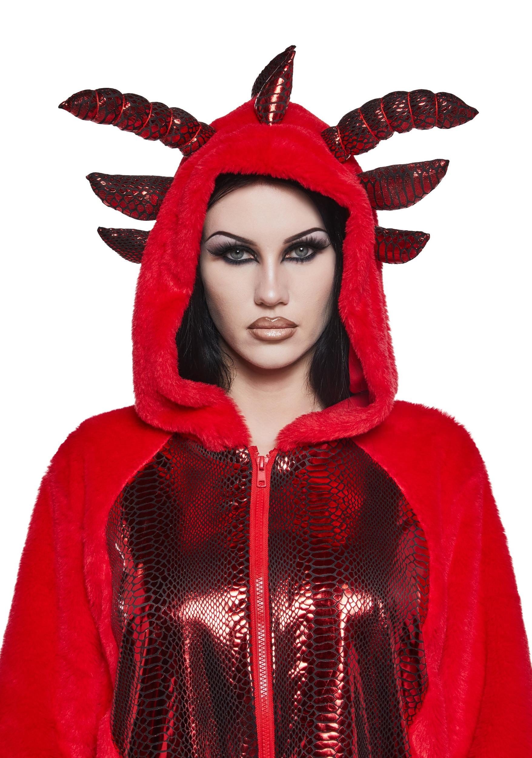 Sexy Womens Dragon Faux Fur Hoodie - Red Product Image