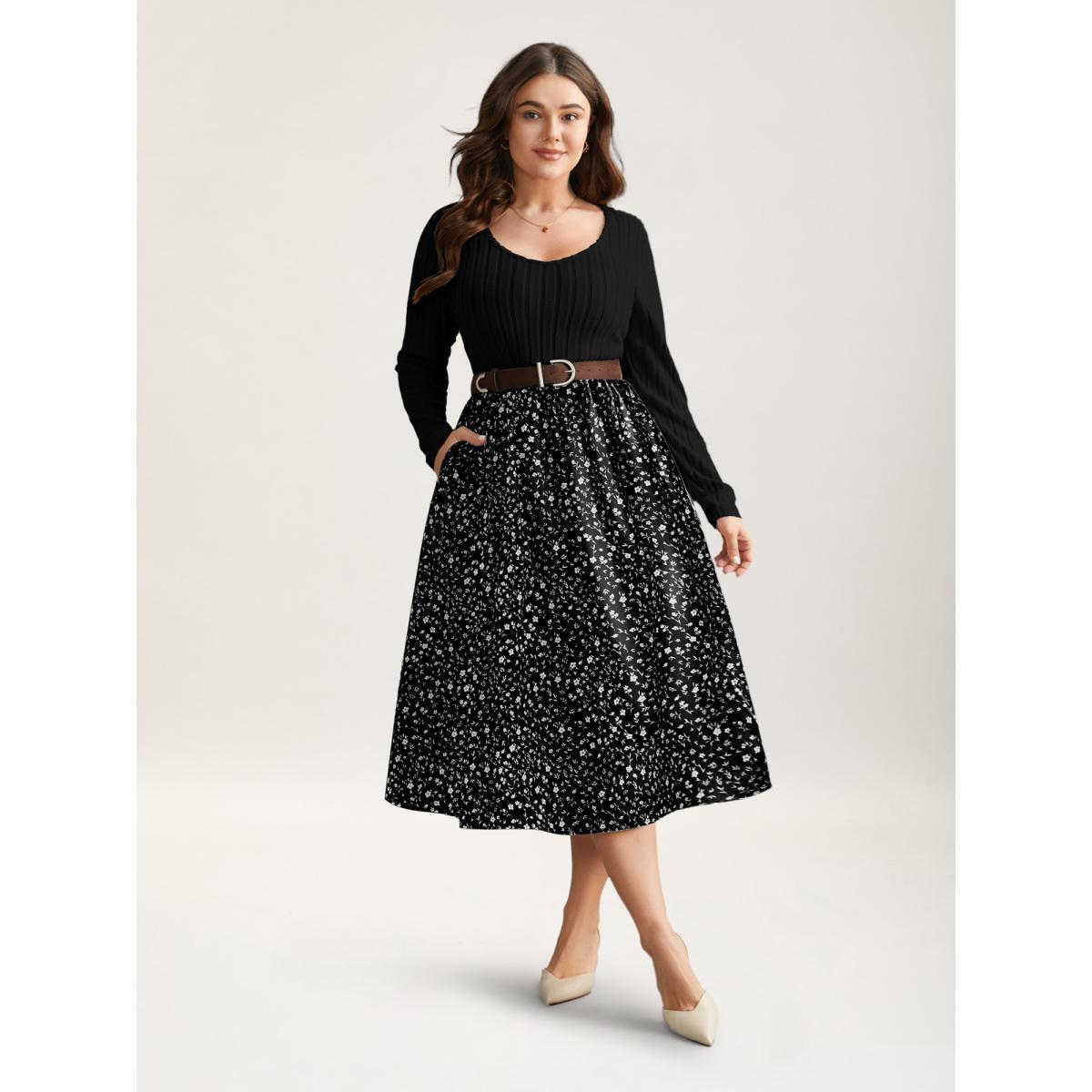 Plus Size Ditsy Floral Patchwork Texture Midi Dress Black Women Elegant Texture V-neck Long Sleeve Curvy BloomChic 28/5X Product Image