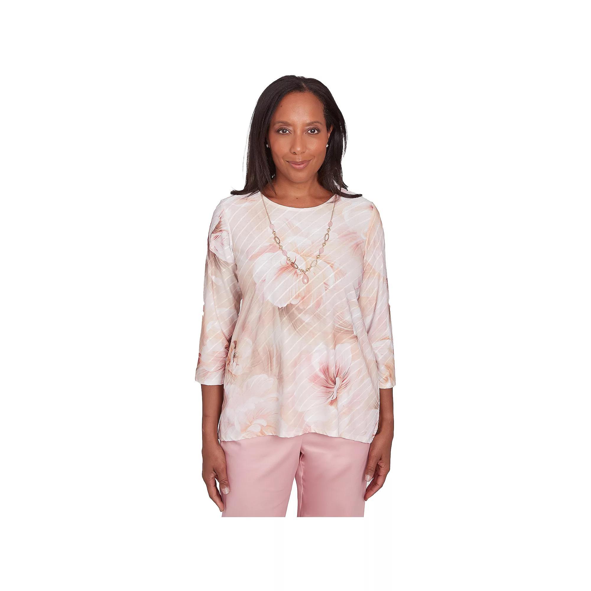 Women's Alfred Dunner Textured Watercolor Flower Top with Necklace, Size: Small, Multi Pink Product Image