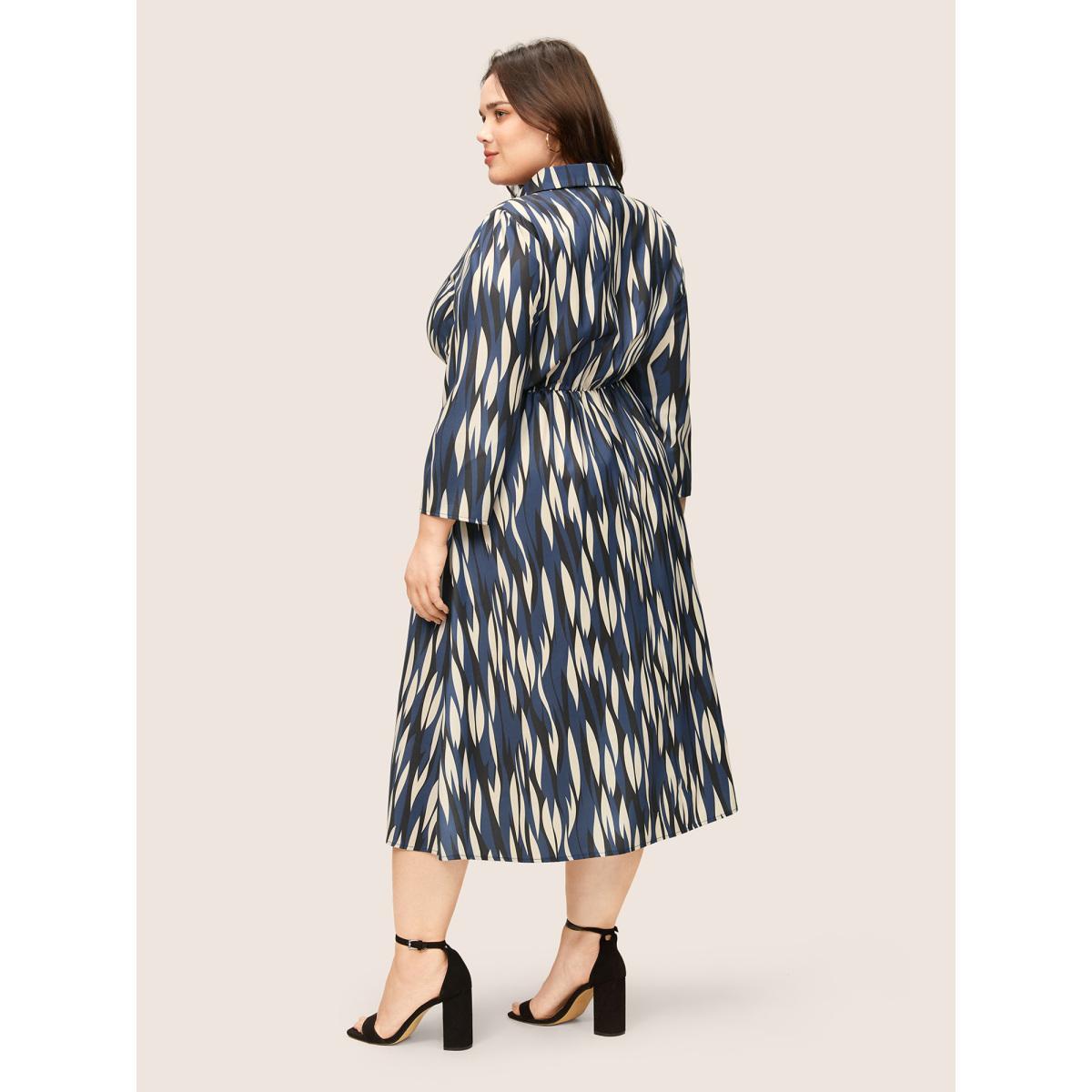Plus Size Geo Colorblock Twist Front Shirt Collar Dress Indigo Women At the Office Non Shirt collar Elbow-length sleeve Curvy Midi Dress BloomChic 26/4X Product Image