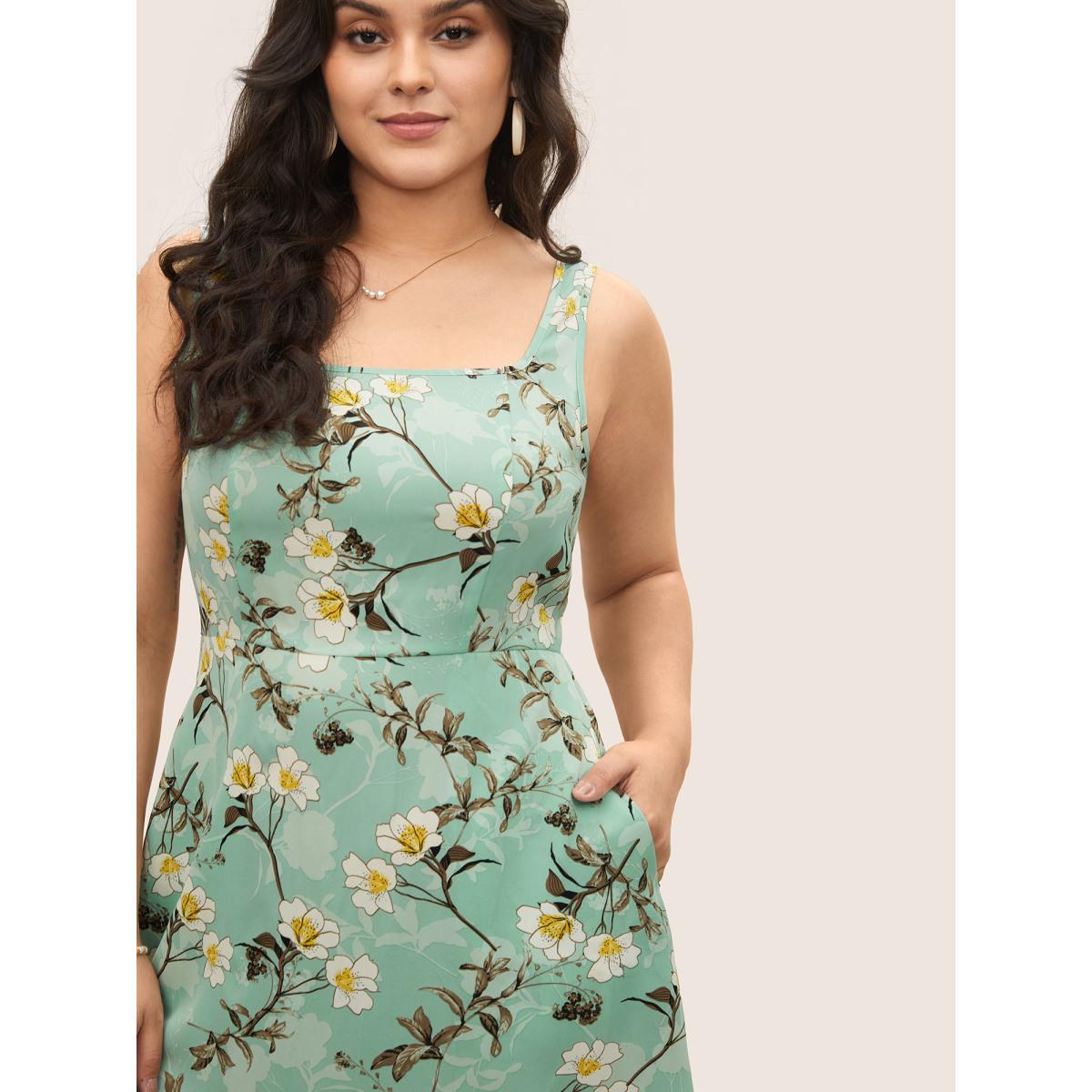 Plus Size Floral Print Square Neck Pocket Tank Dress Mint Women Elegant Non Square Neck Sleeveless Curvy Midi Dress BloomChic 18-20/2X Product Image