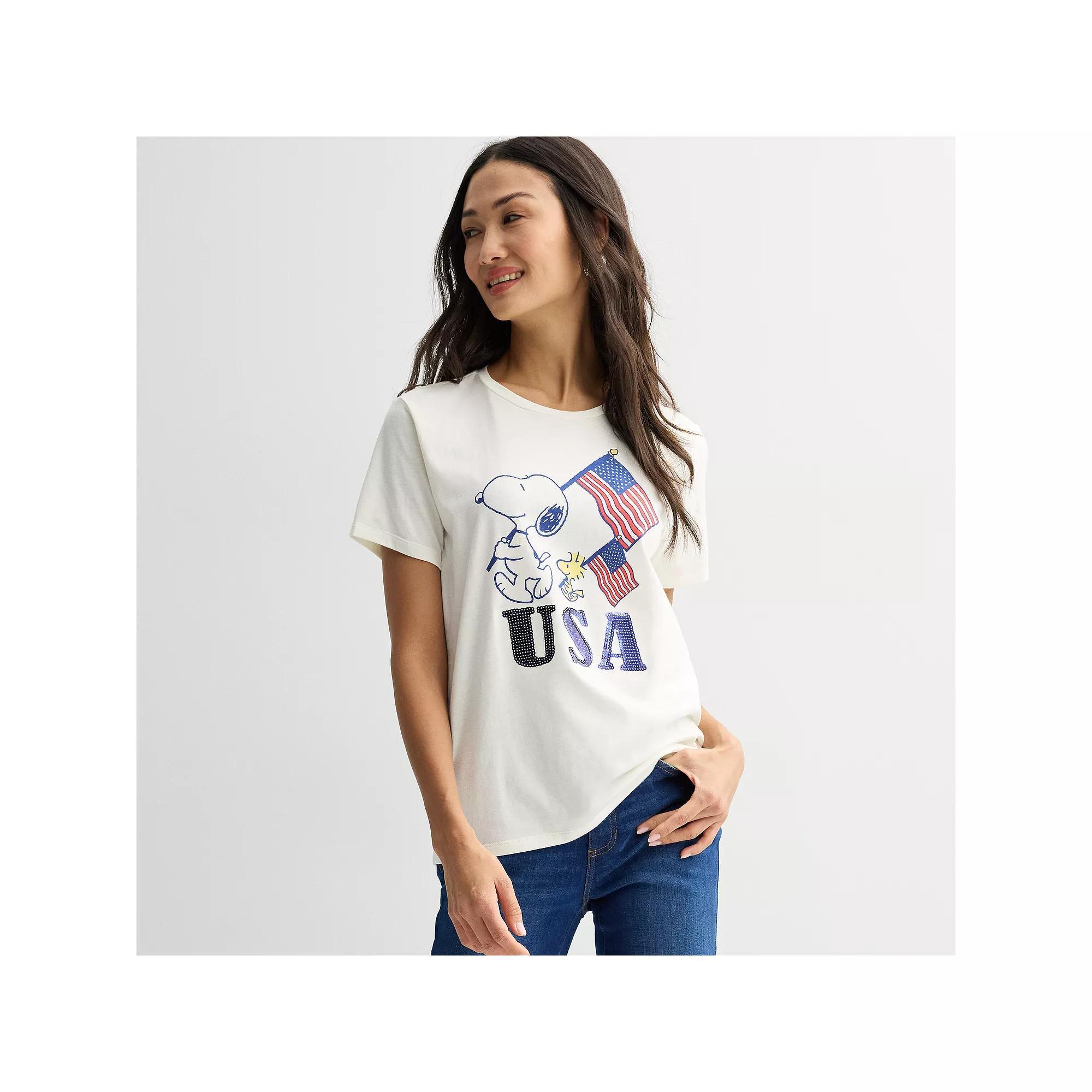 Women's Peanuts Snoopy & Woodstock Flags USA Graphic Tee, Size: XS, Egert Product Image