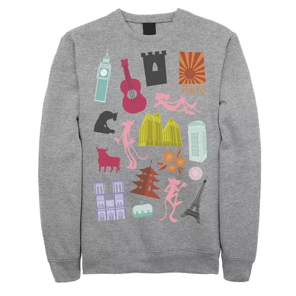 Men's Pink Panther Around The World Doodles Sweatshirt, Size: XXL, Athletic Grey Product Image
