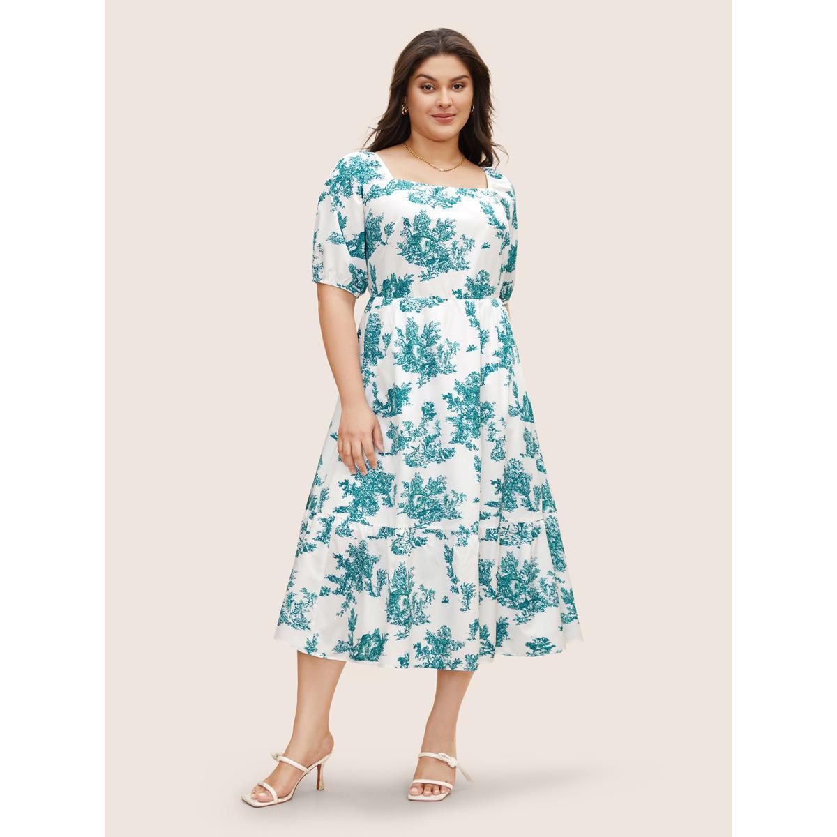 Plus Size Square Neck Floral Gathered Midi Dress Emerald Women Elegant Gathered Square Neck Half Sleeve Curvy BloomChic 30/6X Product Image
