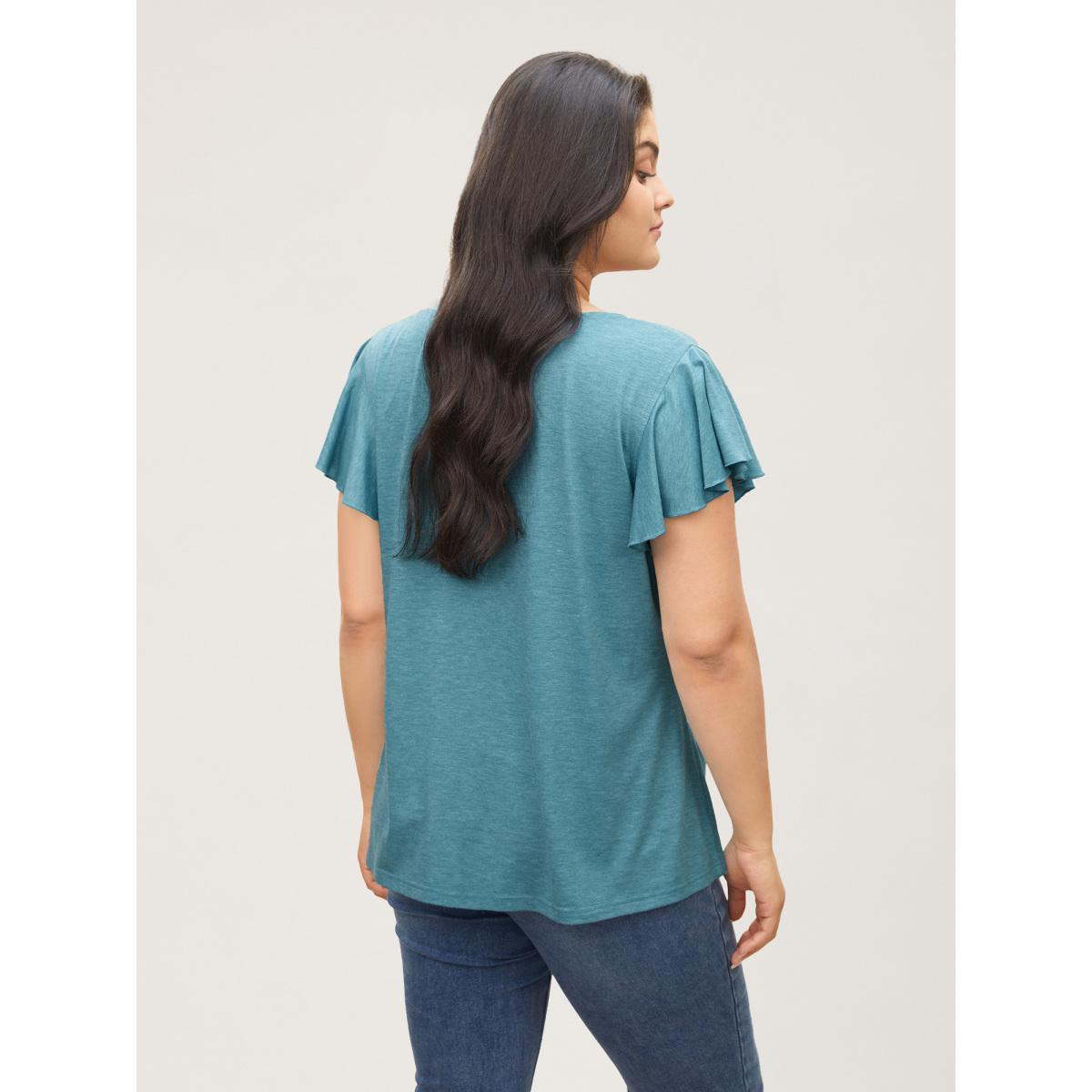 Plus Size Solid Heather Gathered Ruffle Sleeve T-shirt Cerulean Women Elegant Non V-neck Everyday T-shirts BloomChic 14-16/1X Product Image