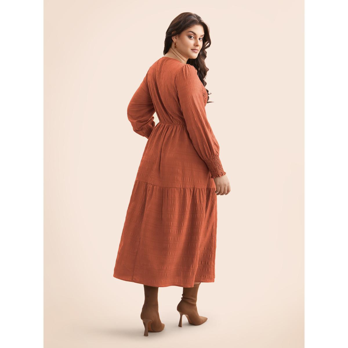 Plus Size Plain Textured Shirred Midi Dress Rust Women Elegant Texture Round Neck Long Sleeve Curvy BloomChic 28/5X Product Image