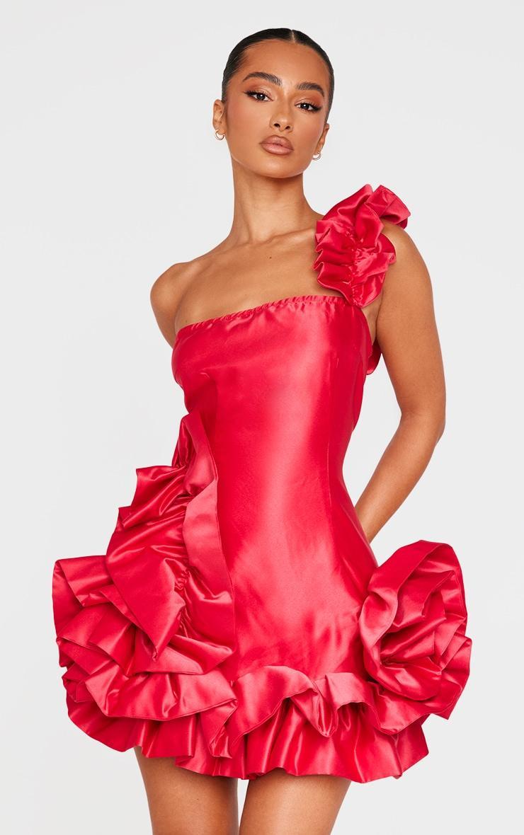 Petite Red Satin Ruffle Hem One Shoulder Mini Dress Product Image
