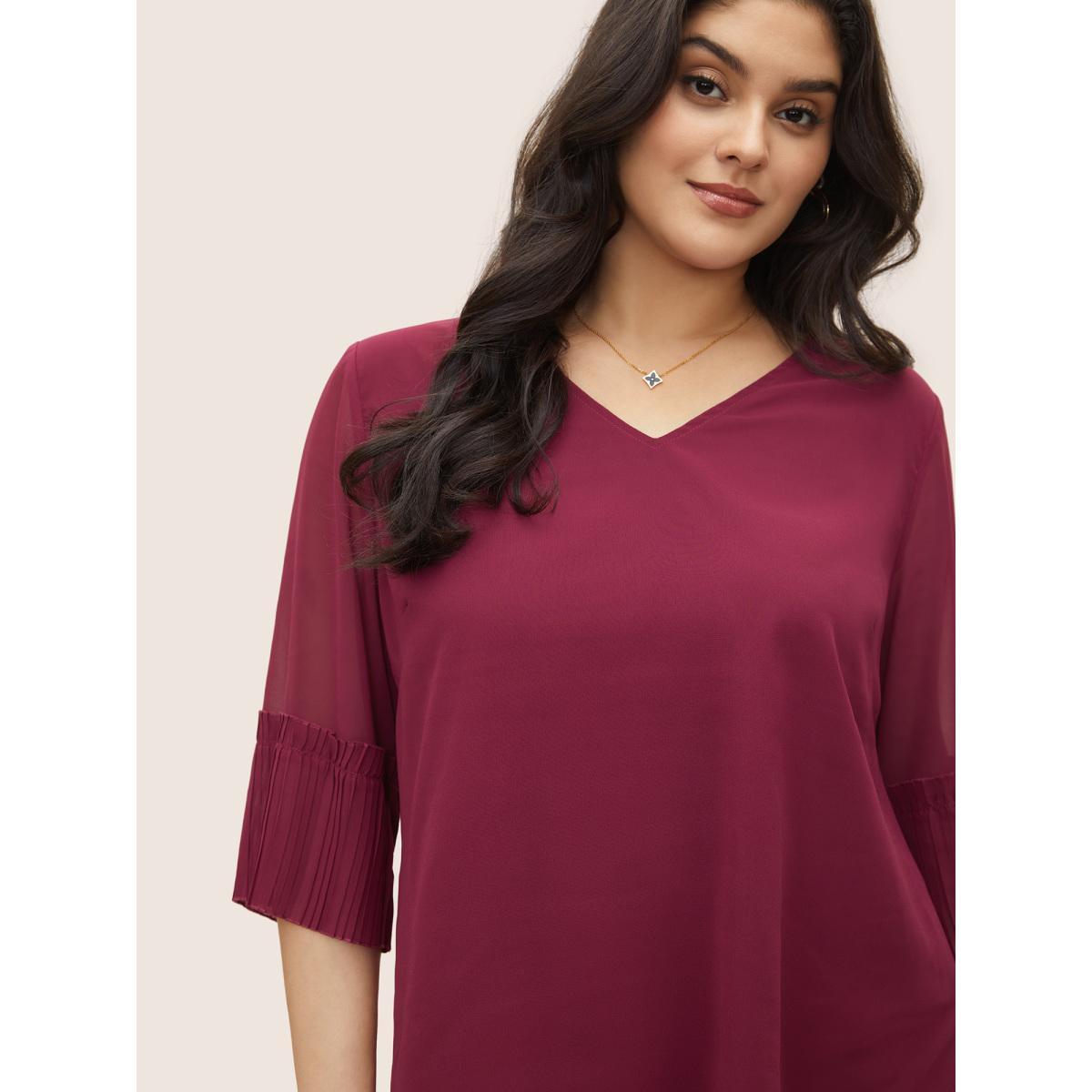 Plus Size Purple Solid Pleated Patchwork Mesh Bell Sleeve Blouse Women Elegant Elbow-length sleeve V-neck Everyday Blouses BloomChic 22-24/3X Product Image
