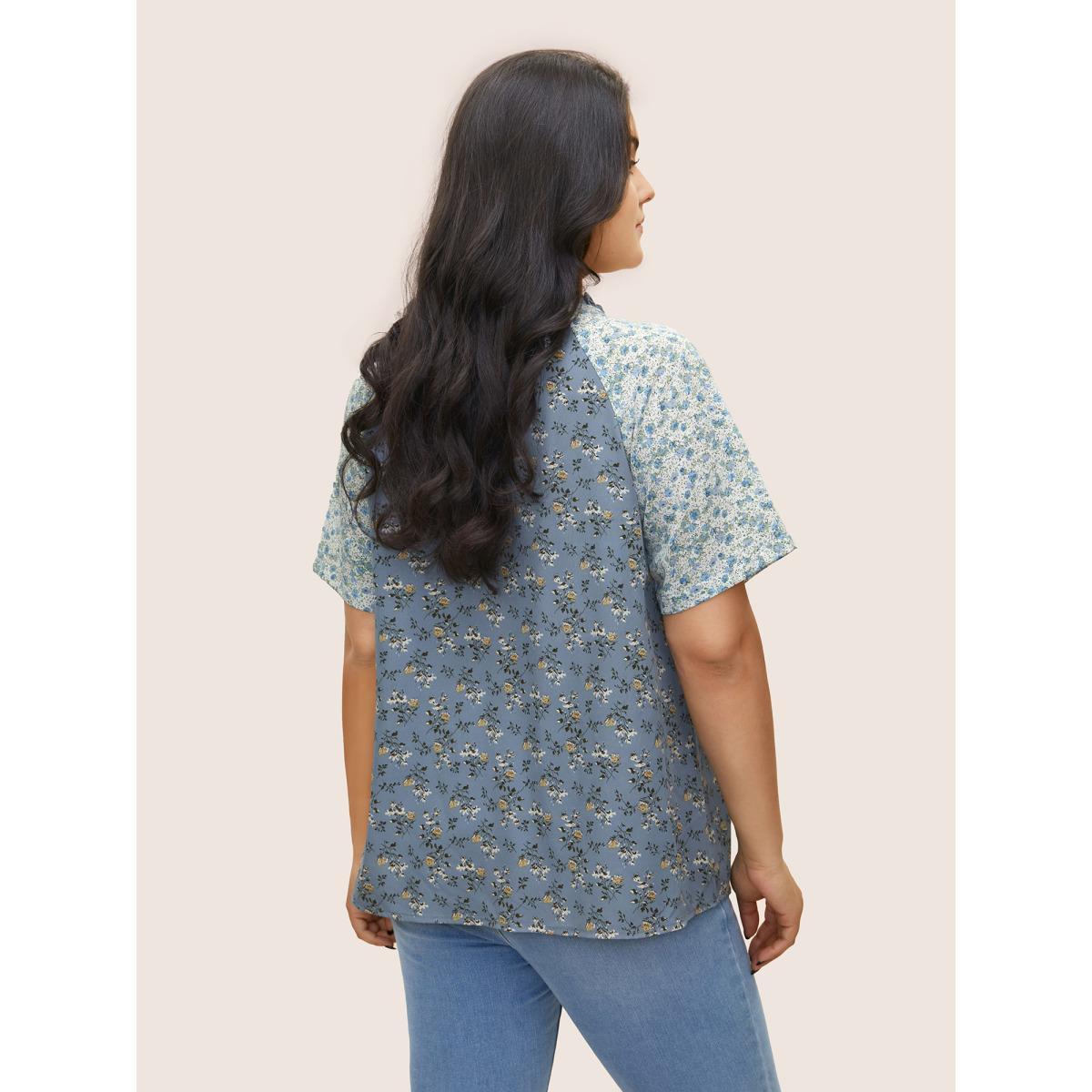 Plus Size Stone Ditsy Floral Ruffles Lace Patchwork Ties Blouse Women Elegant Short sleeve Notched collar Everyday Blouses BloomChic 12/L Product Image