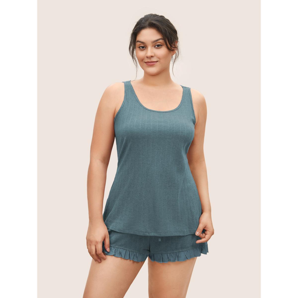 Plus Size Texture Patchwork Ruffles Drawstring Loungewear Set Women Teal Texture Sleeveless Non Lounge Loungewear Sets BloomChic 22-24/3X Product Image