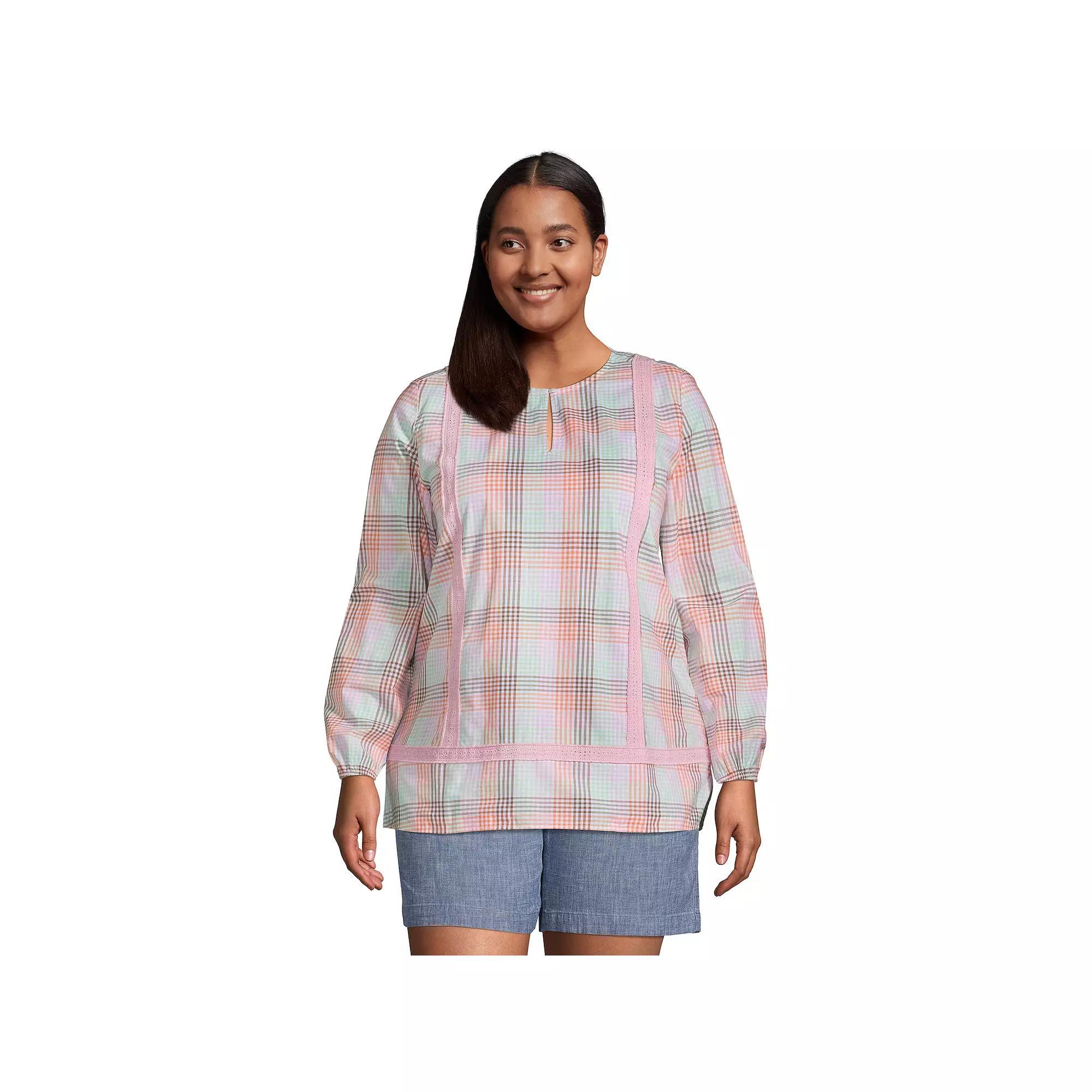 Plus Size Lands' End Poplin Splitneck Tunic Top, Women's, Size: 1XL, Wild Blossom Check Product Image