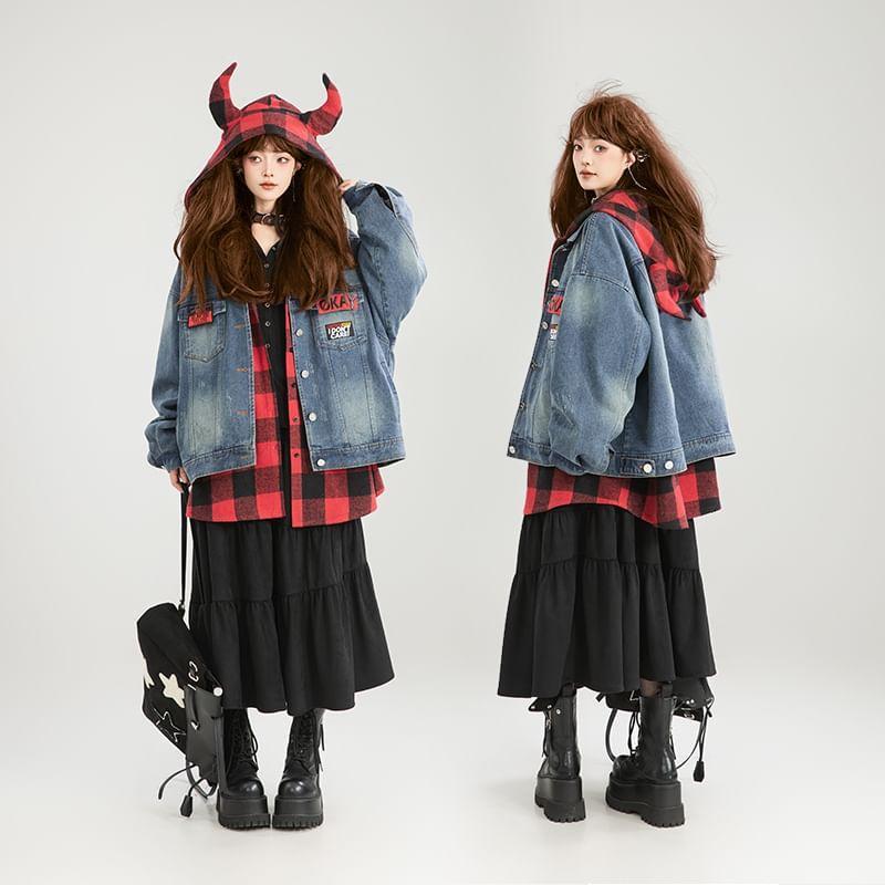 Hooded Plaid Panel Mock Two Piece Washed Denim Oversized Jacket Product Image
