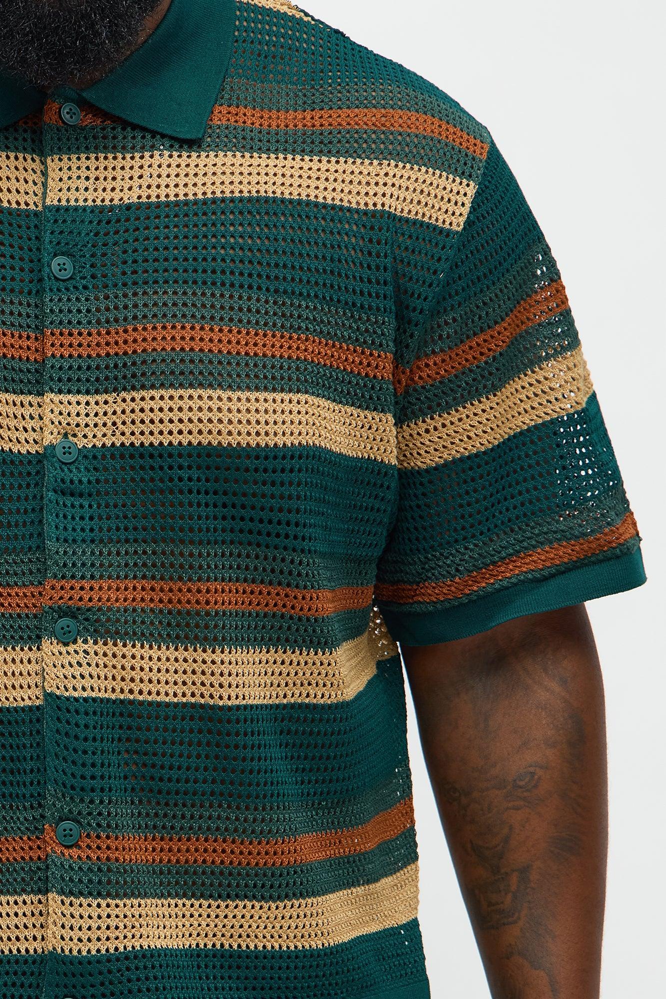 Regular Fit Striped Crochet Button Up Shirt - Teal Product Image
