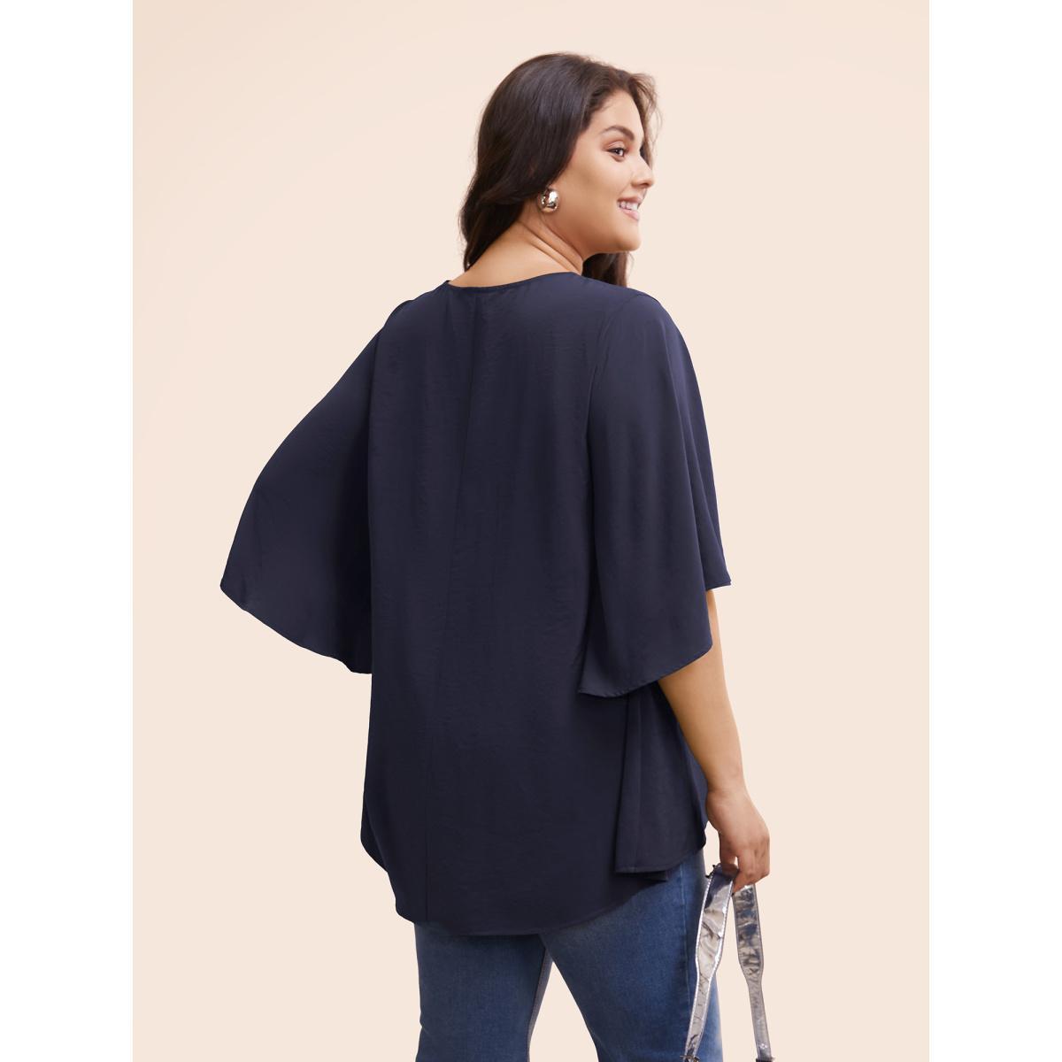 Plus Size Indigo Plain Mesh Flutter Sleeve Hanky Hem Blouse Women Office Elbow-length sleeve Round Neck Dailywear Blouses BloomChic 26/4X Product Image