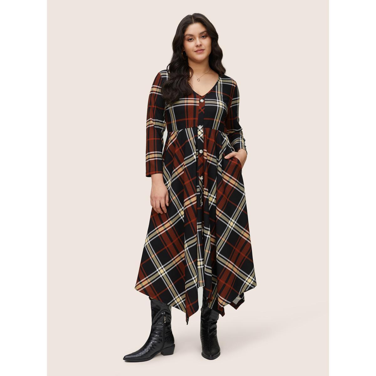 Plus Size Christmas Plaid Button Detail Hanky Hem Dress Black Women Casual Printed V-neck Long Sleeve Curvy Midi Dress BloomChic 18-20/2X Product Image