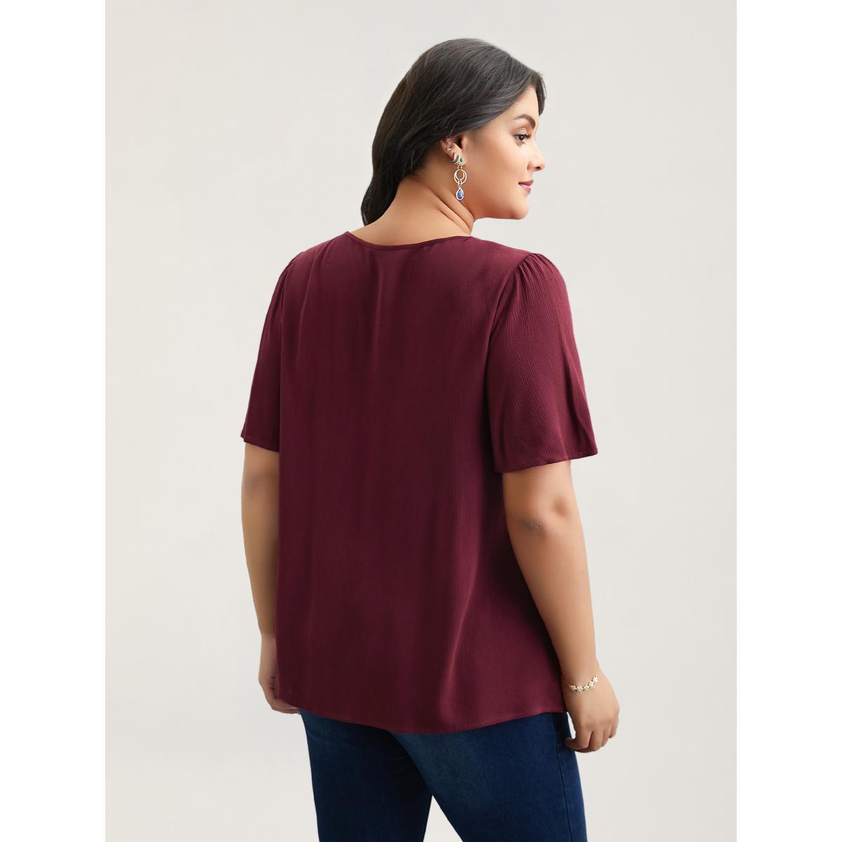 Plus Size Burgundy Lace Cut-Out Round Neck Pleated Shirt Women Elegant Short sleeve Round Neck Everyday Blouses BloomChic 22-24/3X Product Image