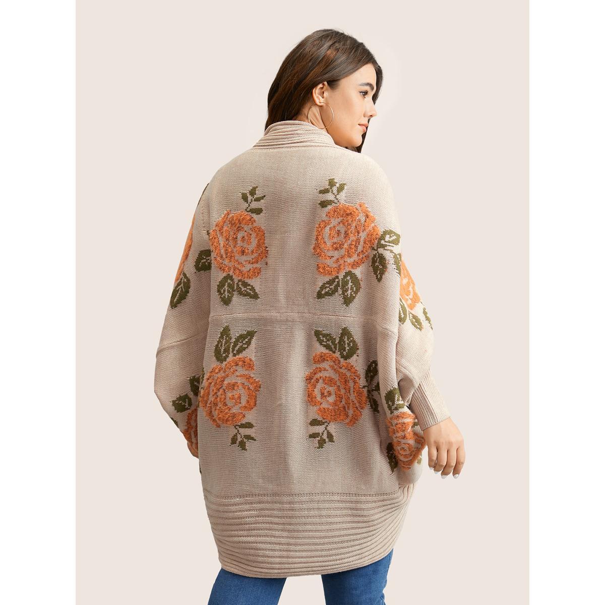 Plus Size Floral Jacquard Batwing Sleeve Open Front Cardigan Apricot Women Elegant Long Sleeve Everyday Cardigans BloomChic 12/L Product Image