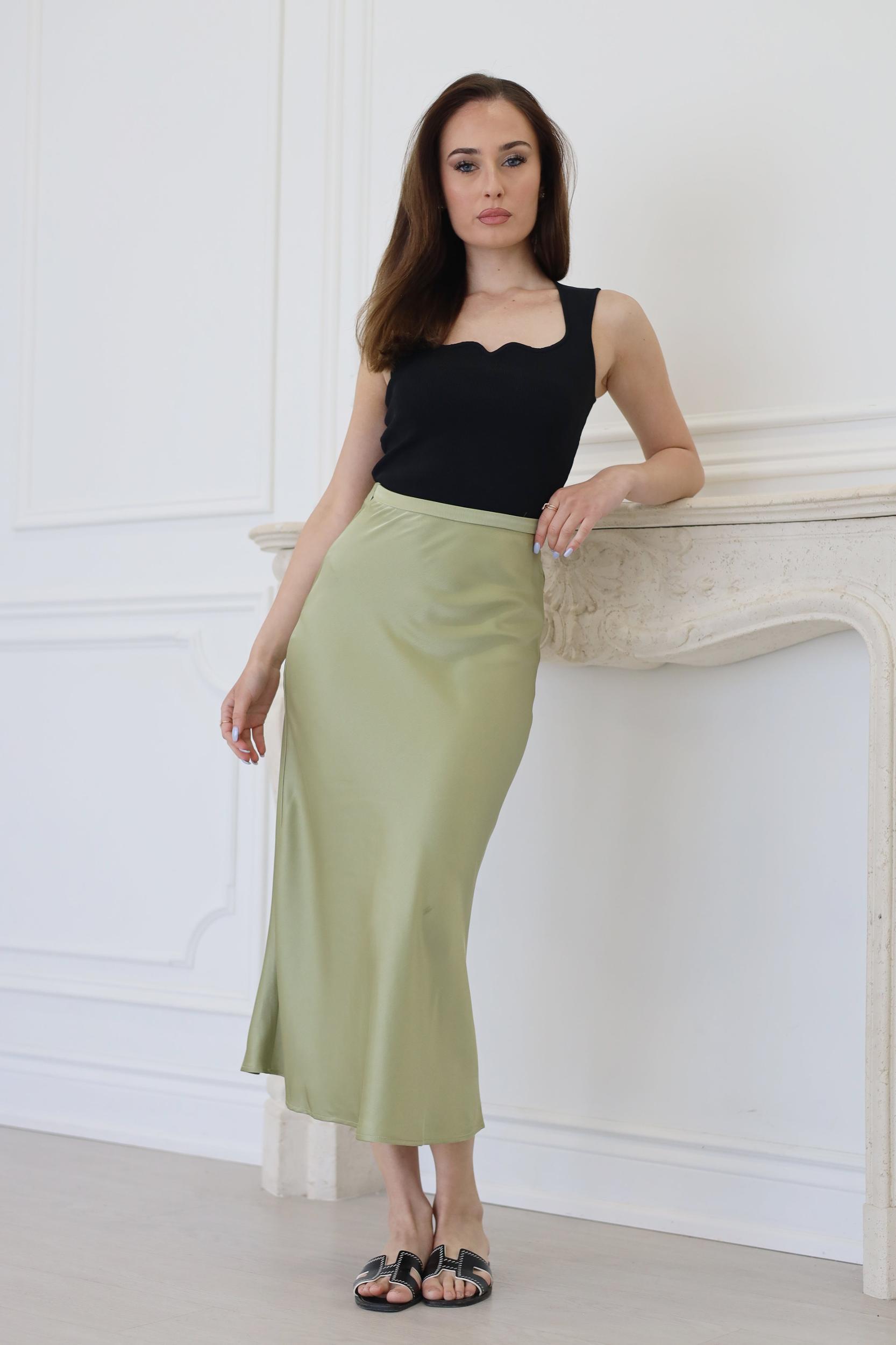 High Waist A-Line Midi Satin Skirt Avocado Product Image