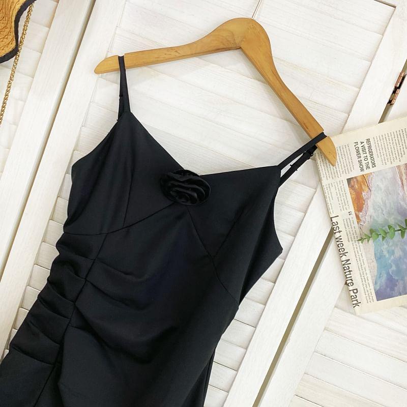 Spaghetti Strap Plain Shirred Mini A-Line Dress Product Image