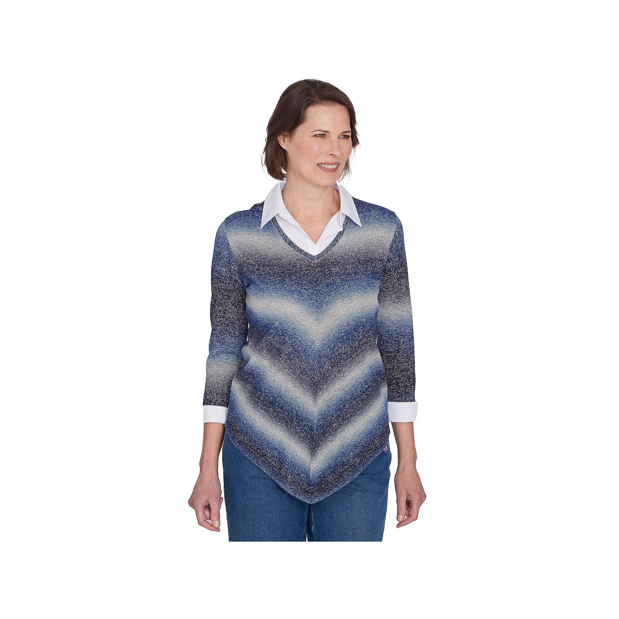 Petite Alfred Dunner Ombre Chevron Layered Collar Sweater, Womens Grey Product Image