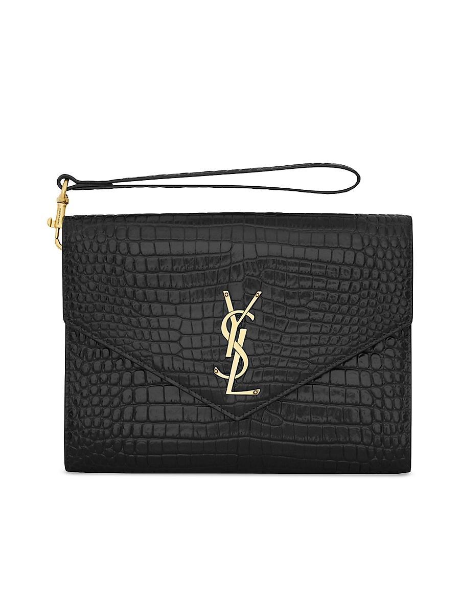 Saint Laurent Monogram Croc Embossed Leather Clutch Product Image