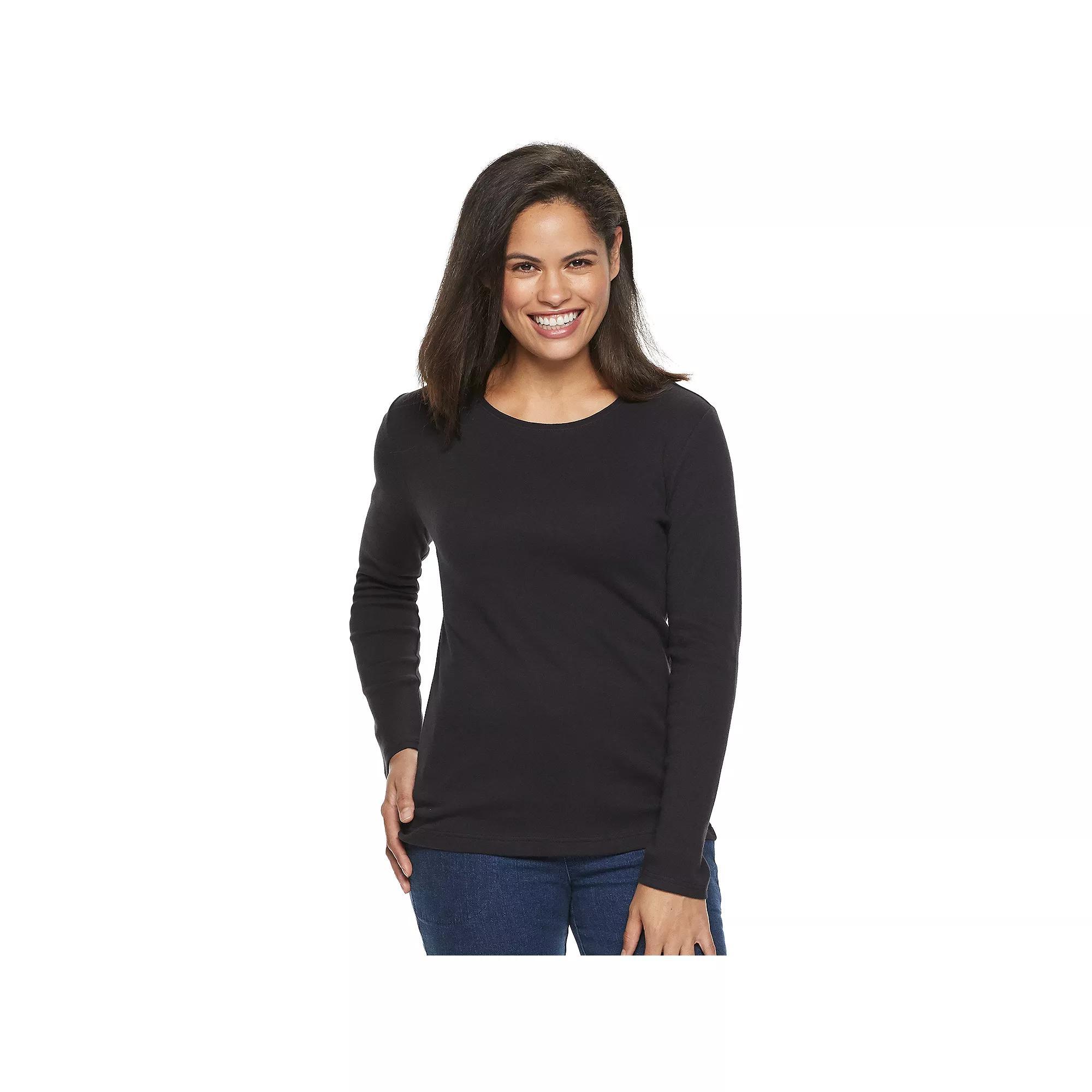 Petite Croft & Barrow® Crewneck Long-Sleeve Tee, Women's, Size: Small Petite, Black Product Image