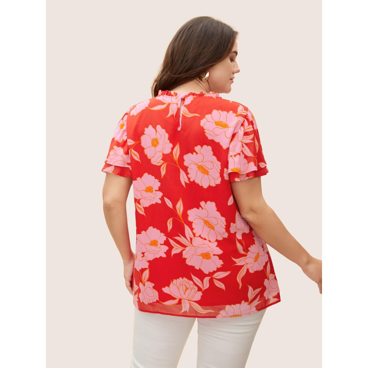 Plus Size Brightred Floral Stand Collar Pleated Tiered Ruffles Blouse Women Elegant Short sleeve Stand-up collar Everyday Blouses BloomChic 22-24/3X Product Image