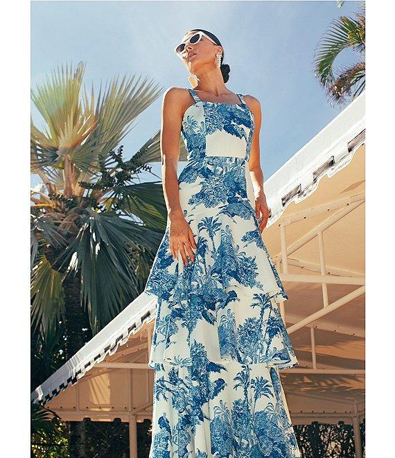 Mestiza New York Torero Tropical Palm Toile Print Square Neck Shoulder Strap Tiered Ruffled Maxi Dress Product Image