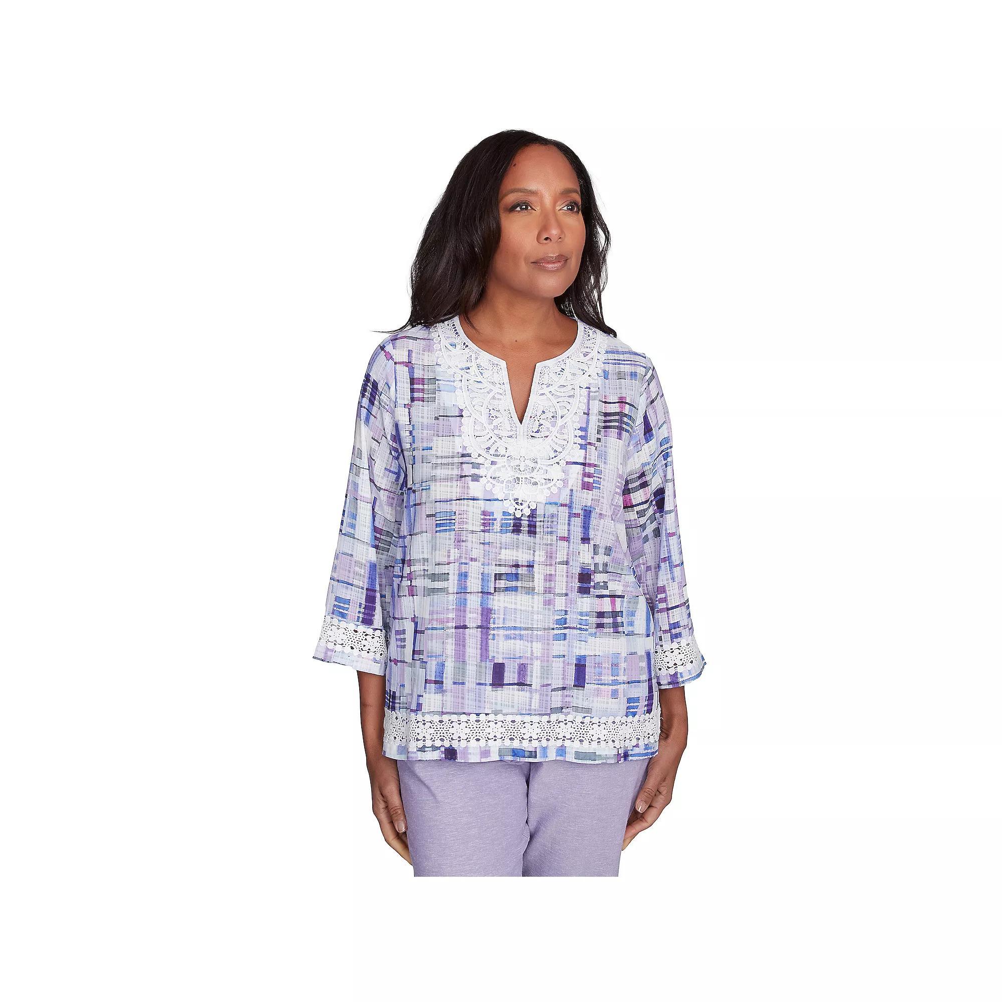 Women's Alfred Dunner Watercolor Plaid Splitneck Top, Size: Medium, Purple Product Image
