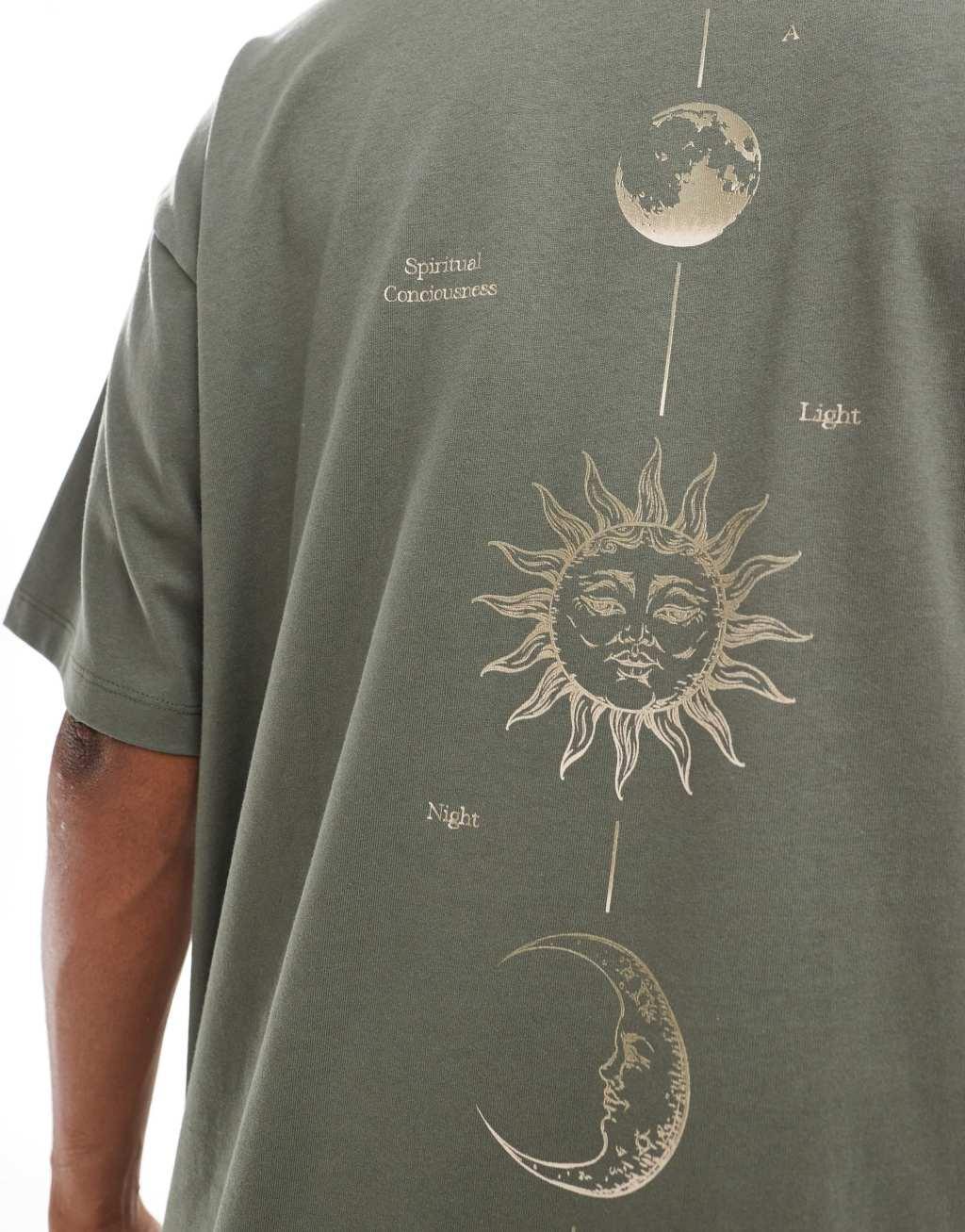 ASOS DESIGN oversized T-shirt with celestial back print in olive green Product Image