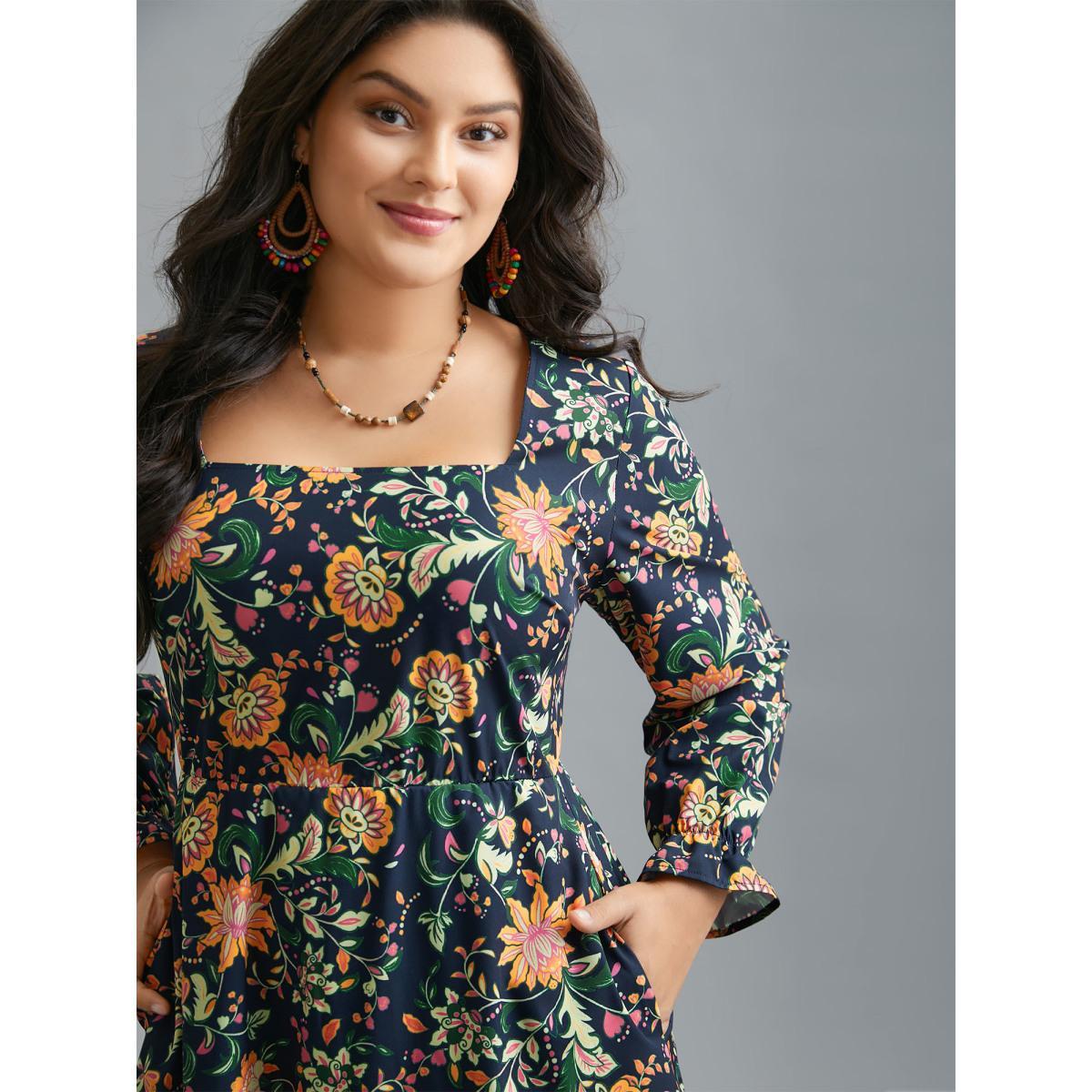 Plus Size Square Neck Floral Boho Print Midi Dress Black Women Resort Ruffles Square Neck Long Sleeve Curvy BloomChic 12/L Product Image