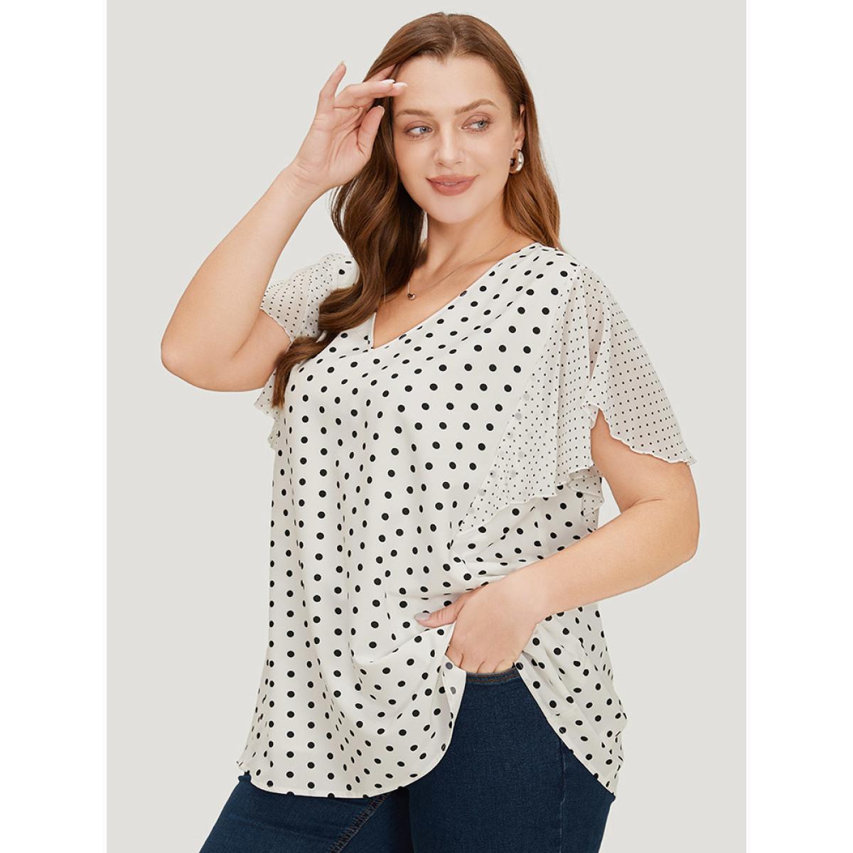 Plus Size White Polka Dot Patchwork Mesh Flutter Sleeve Blouse Women Office Short sleeve V-neck Work Blouses BloomChic 14-16/1X Product Image