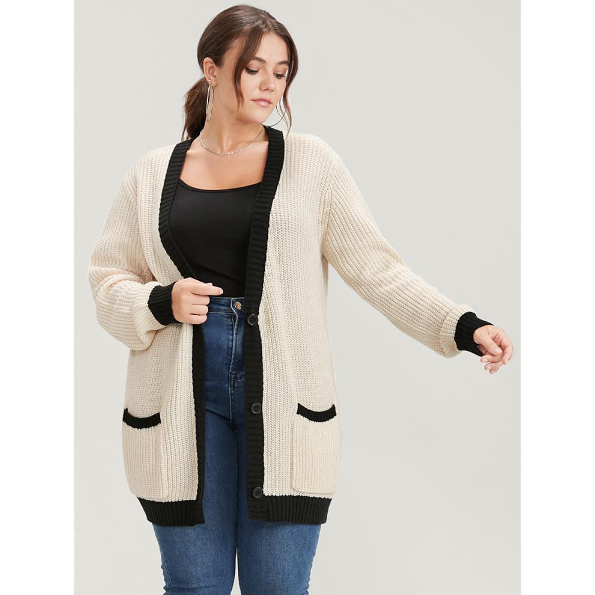 Plus Size Contrast Trim Pointelle Knit Pocket Button Front Cardigan Beige Women Elegant Loose Long Sleeve Dailywear Cardigans BloomChic 30/6X Product Image