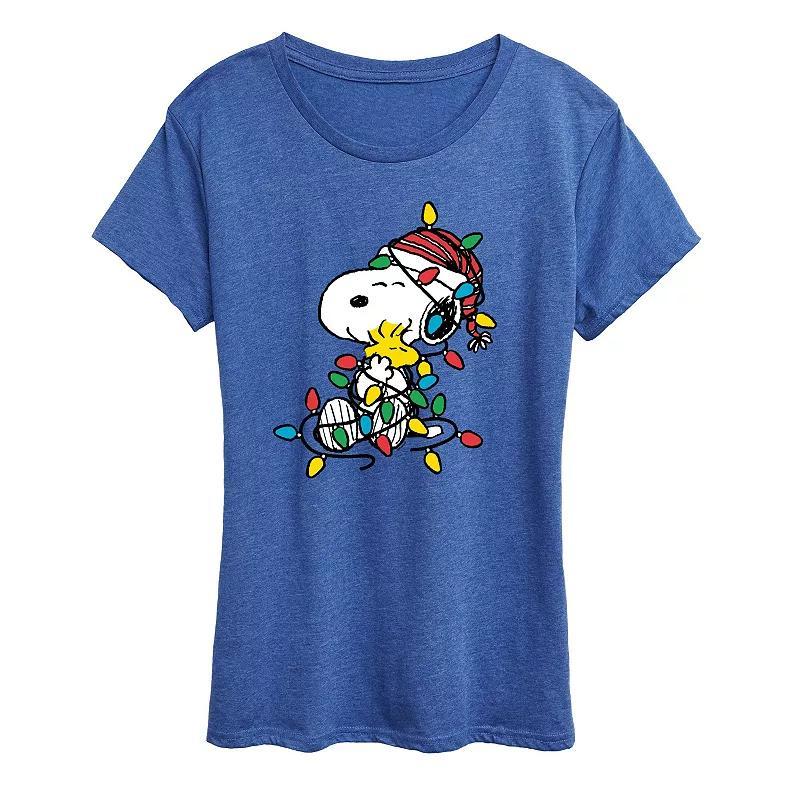 Women's Peanuts Snoopy & Woodstock Christmas Lights Graphic Tee, Size: Large, Grey Royal Blue Product Image