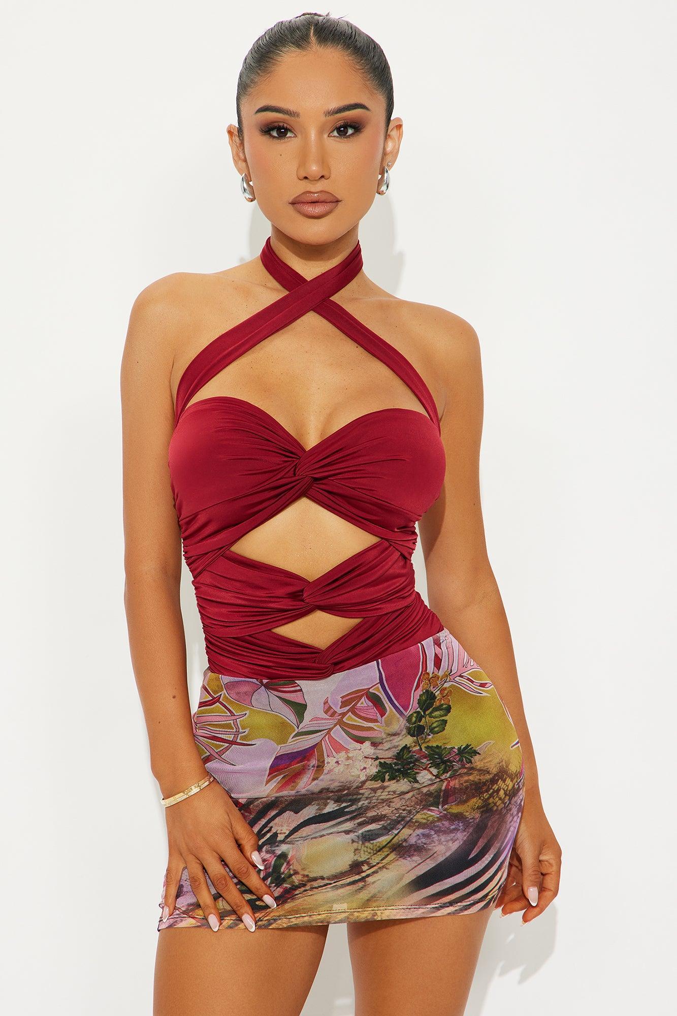 Dare Me Ruched Cut Out Halter Bodysuit - Burgundy Product Image
