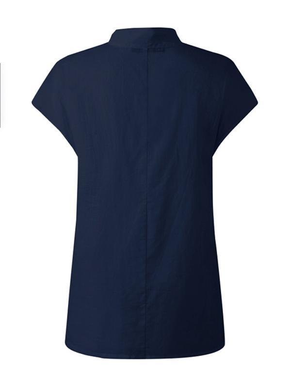 Solid Color Stand Collar Cap-Sleeve Shirts Product Image