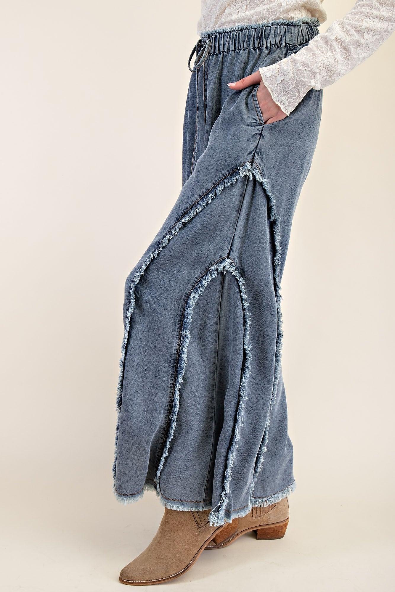 Fringe Washed Denim Wide Loose Fit Pants Product Image
