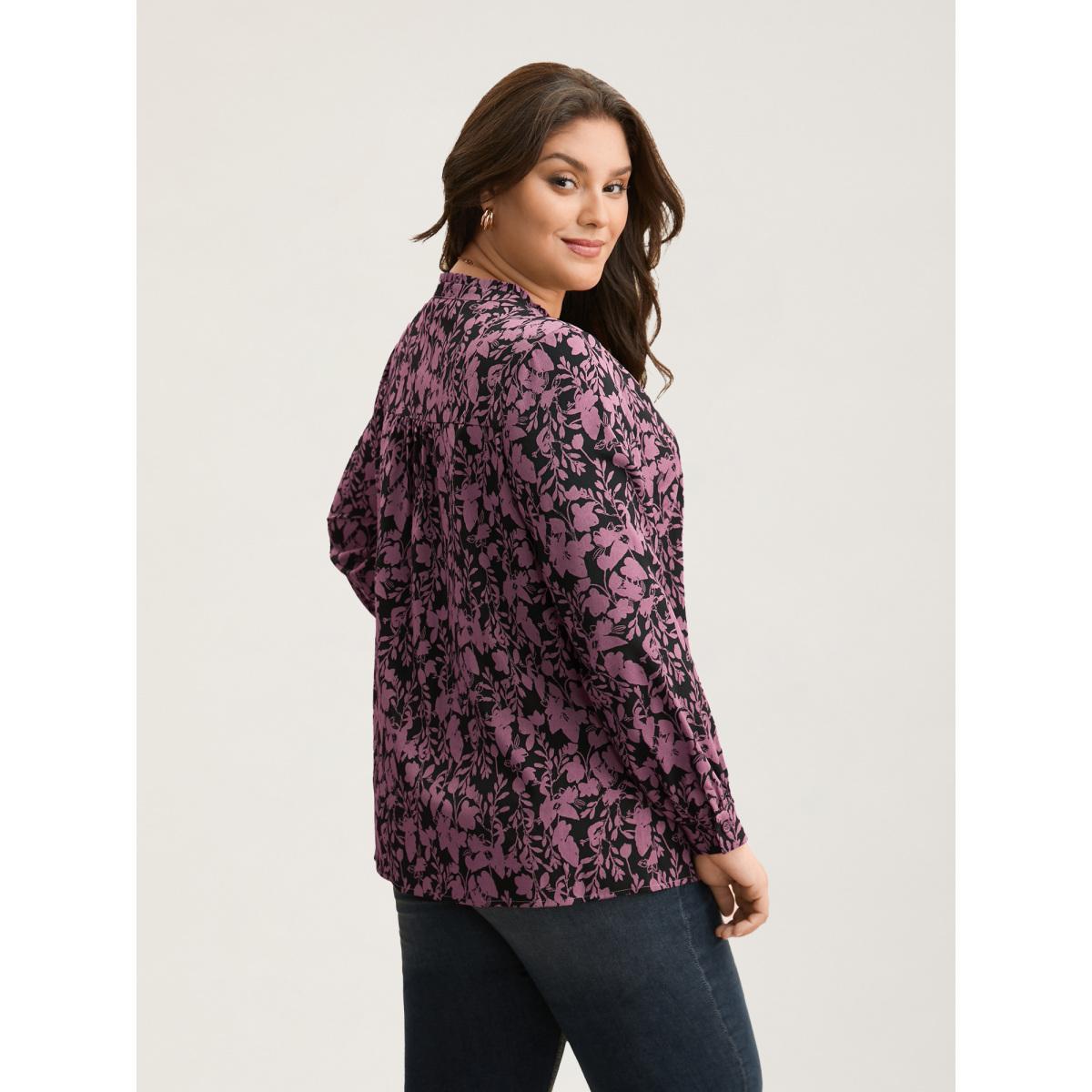 Plus Size BlackFlower Silhouette Floral Print Notched Frill Trim Blouse Women Elegant Long Sleeve Notched collar Everyday Blouses BloomChic 18-20/2X Product Image