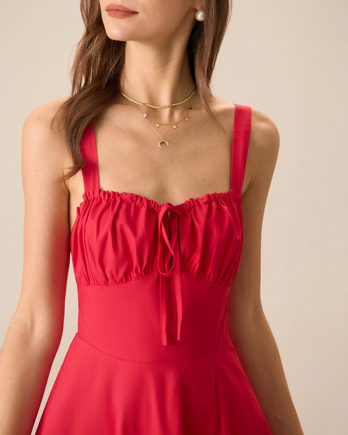 Women's Red Square Neck Ruched Slip Midi Dress Female Product Image