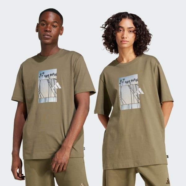 adidas Lens Elevated Graphic Tee Olive Strata M Mens Product Image