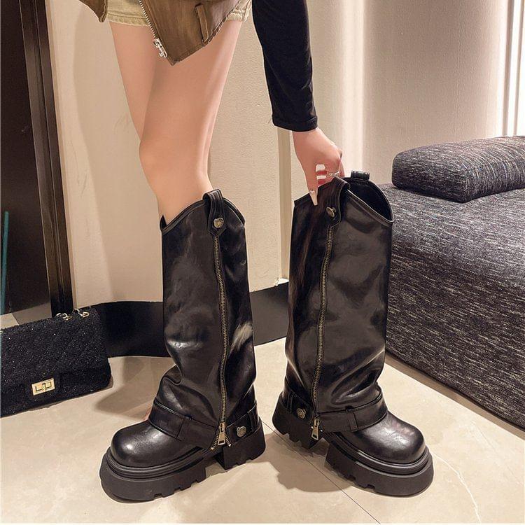 Platform Buckled Panel Zip Knee High Boots Product Image