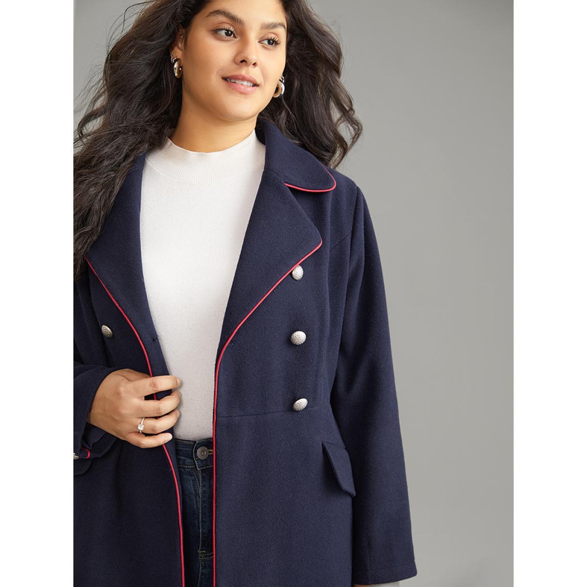 Plus Size Contrast Trim Buckle Detail Flap Pocket Lapel Collar Coat Women Indigo Casual Lined Ladies Dailywear Winter Coats BloomChic 12/L Product Image