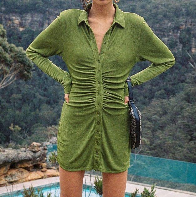 Long-Sleeve Ruched Mini Sheath Shirtdress Product Image