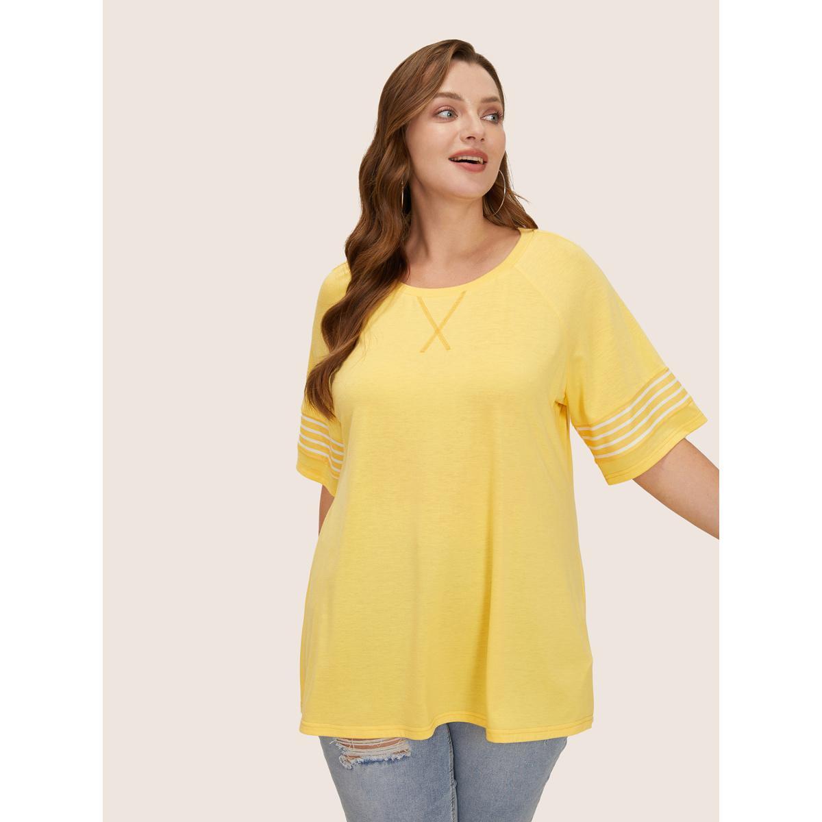 Plus Size Striped Contrast Raglan Sleeve Crew Neck T-shirt Yellow Women Casual Plain Everyday T-shirts BloomChic 26/4X Product Image
