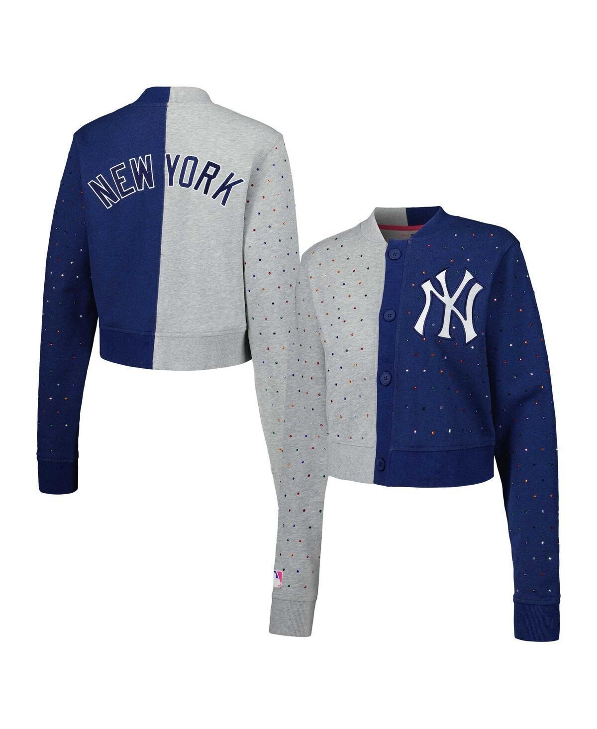 Women's Gray/Navy New York Yankees Cropped Button-Up Cardigan, Size: Medium, Grey Product Image
