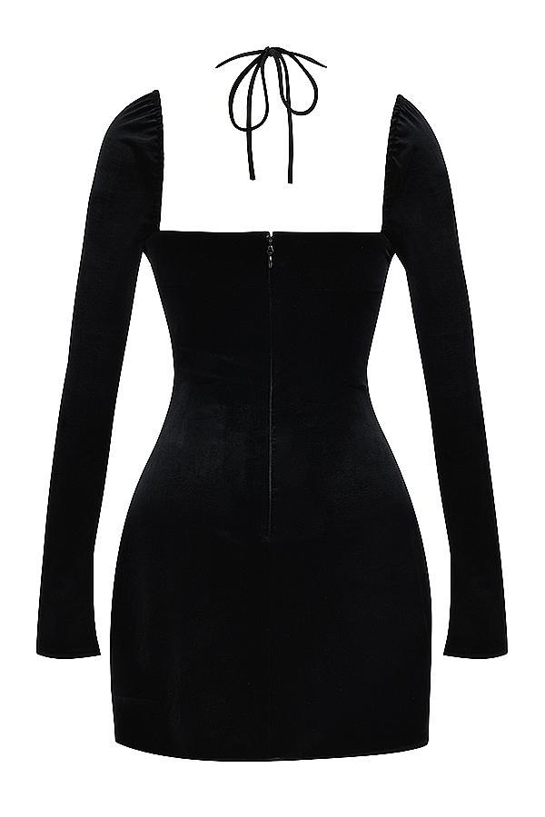Babydoll Black Velvet Halter Mini Dress Product Image
